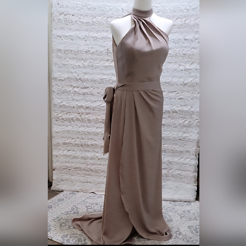 NWT Stacees Maxi Dress, Sz 8 Biscotti Taupe Halter Neck, Bridesmaid, Formal